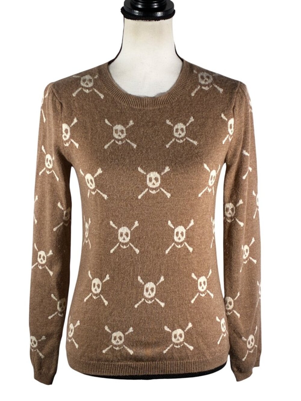 Two Bees Cashmere Skull & Crossbones Brown Sweater 70% Wool 30% Cashmere Size S